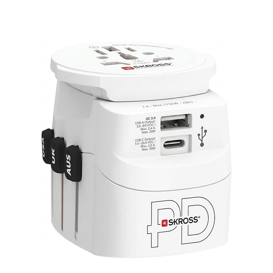 Adapter Udhëtimi SKROSS World Adapter PRO Light USB AC30PD 61663 / 1750W / 1x USB-C PD 30W / 1x USB-A / 2x USB / 3-Pin / Universal – Bardhë