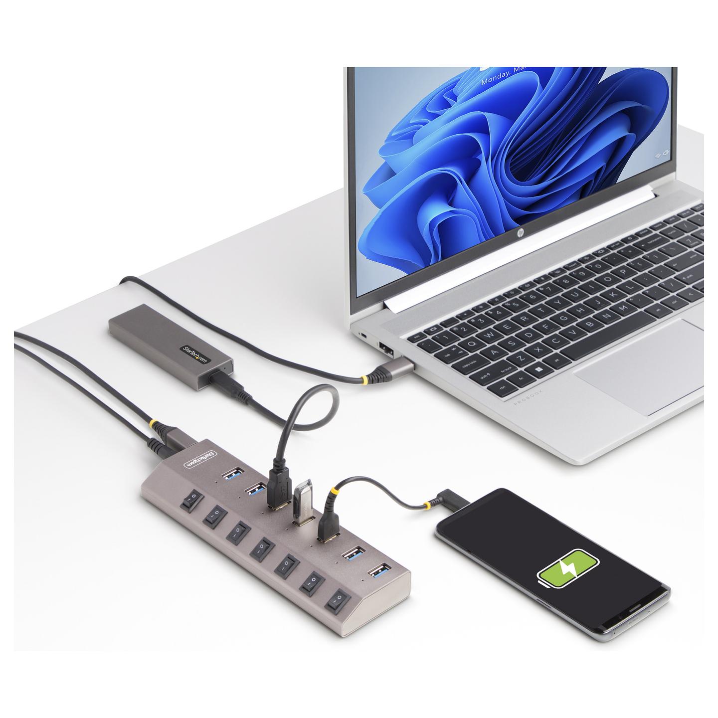 Hub USB StarTech.com 5G7AIBS-USB-HUB-EU, 7× USB-A, USB 3.2 Gen 1, 5 Gbps, Ndërprerës Individualë, Adapter 65 W – Gri - 10
