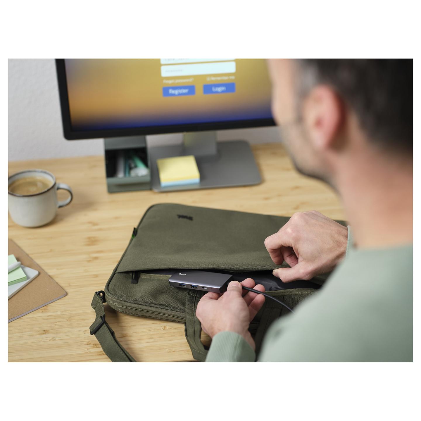 Hub USB-C Trust Dalyx 24968, 6-në-1, HDMI 4K, Gigabit Ethernet, 2x USB-C, 2x USB-A, Power Delivery 100 W - Argjendtë - 10