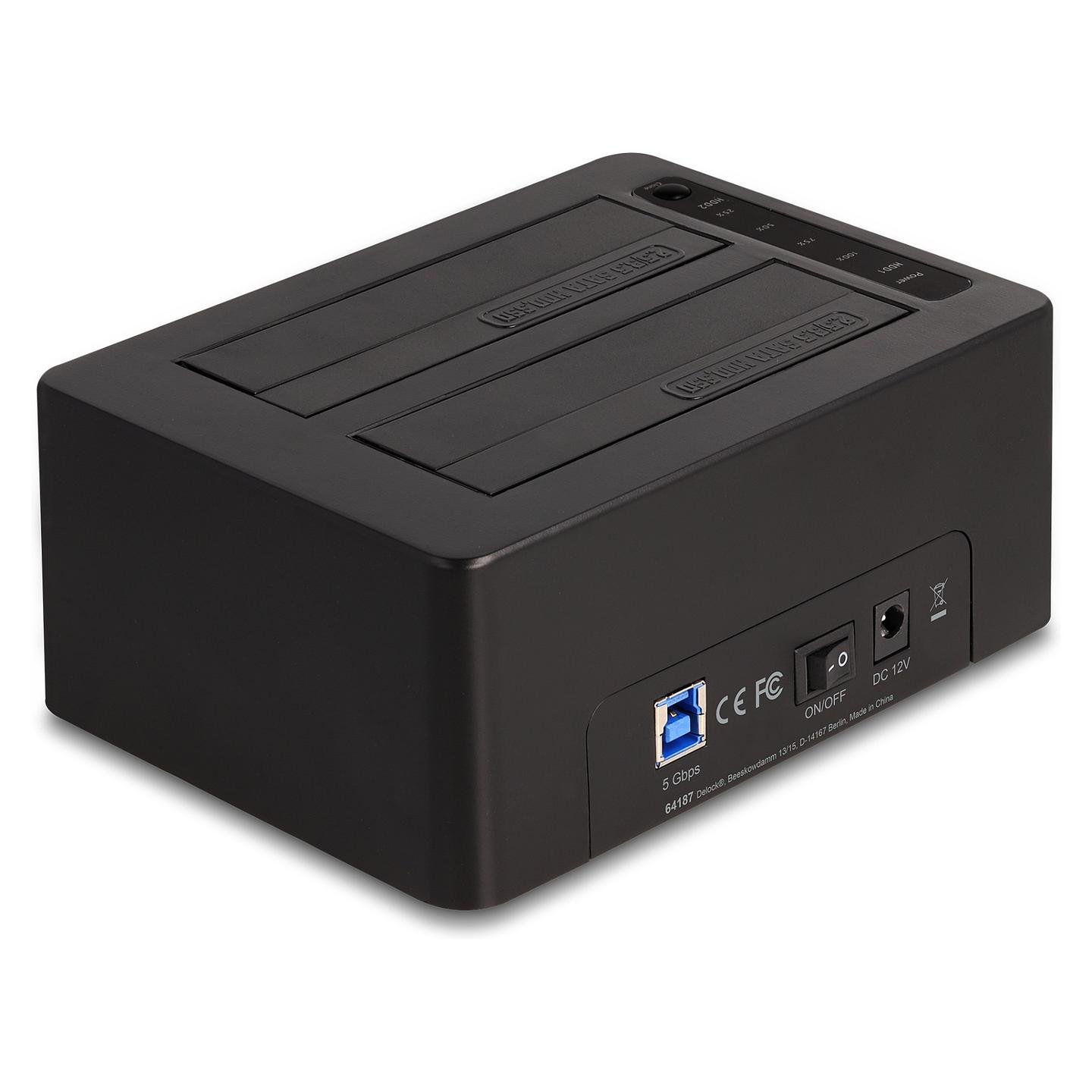 Këllëf për Disqe Delock 64187, Dual SATA HDD/SSD, USB 5Gbps Type-B, 2.5"/3.5", Clone + Erase, ASMedia ASM1156 - Zezë - 2