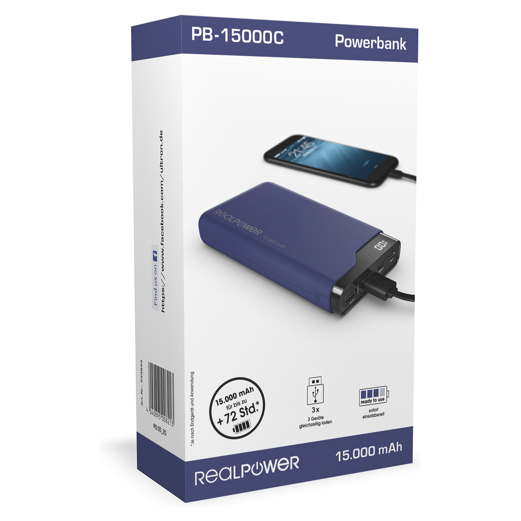 Powerbank RealPower PB-15000C / 15000mAh / Display / Micro-USB – Blu - 6