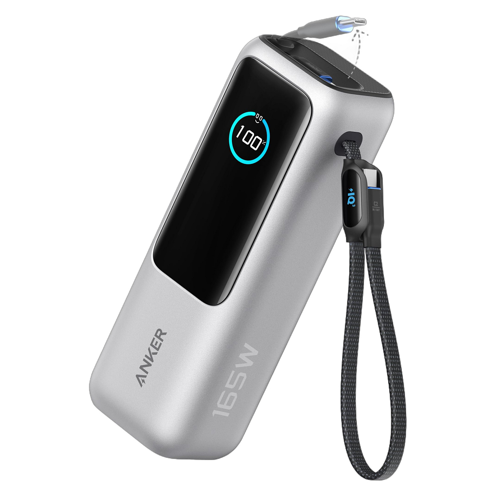 Powerbank ANKER 25,000mAh / 165W / 3x USB-C 100W / 1x USB-A / Ekran inteligjent / 2x kabllo të integruara – Argjendi