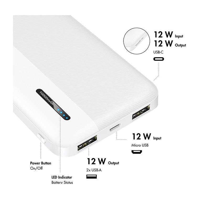 Powerbank LogiLink PA0338WRF / 10.000mAh / 12W / 2x USB-A + USB-C / Li-Po - Bardhë - 7