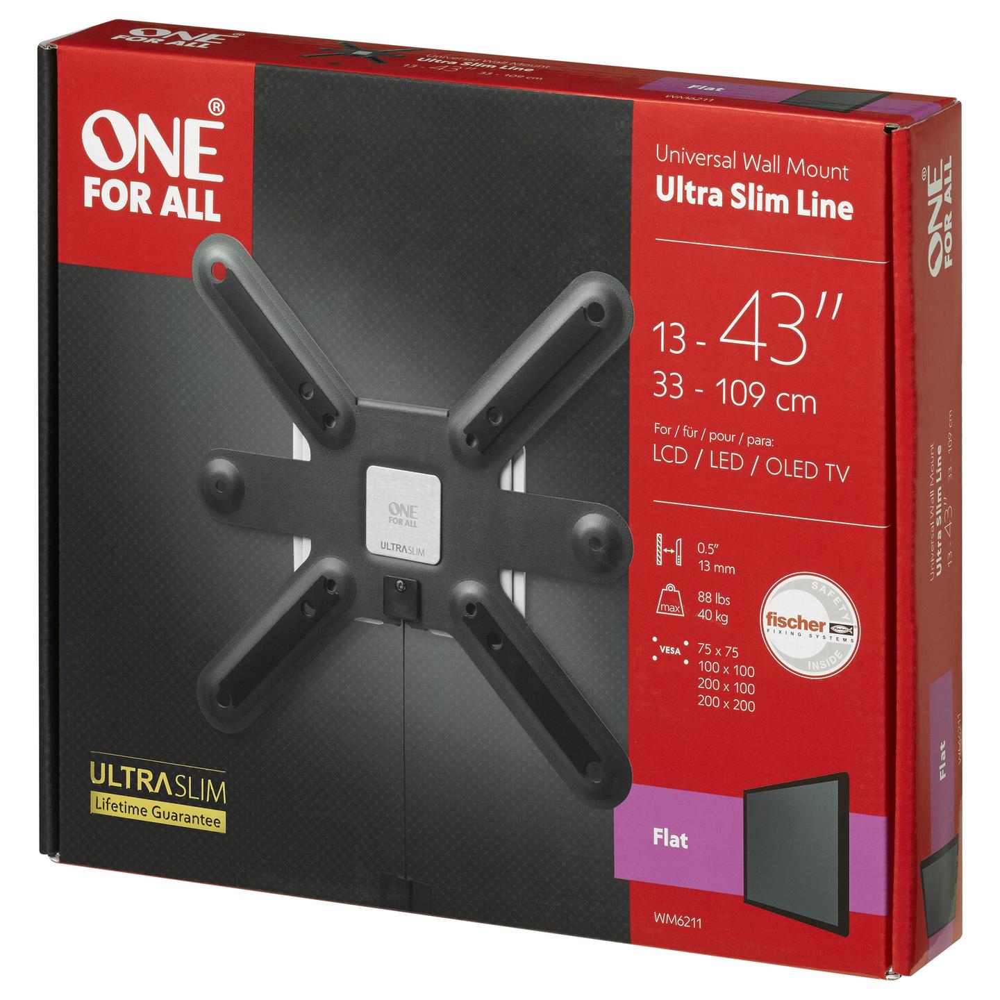 Mbajtëse për TV One For All WM 6211, 13"-43", VESA 75 × 75, 100 × 100, 200 × 100, 200 × 200mm, deri 40kg, fikse - Zezë/Bardhë - 3