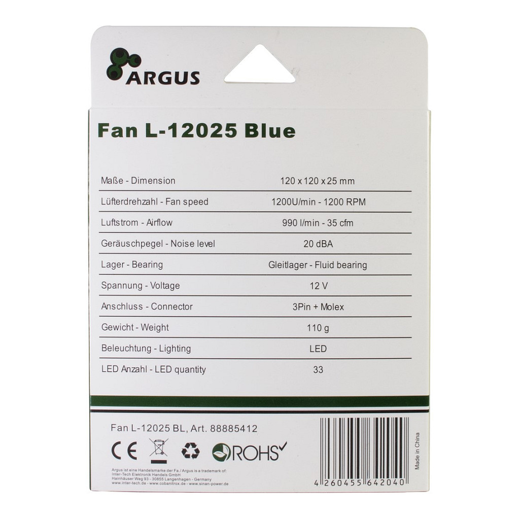 Ftohës për Kasë Inter-Tech Argus L-12025 BL / 120mm / 25mm / 1200 RPM / 59.46 m³/h / 33 LED / 3-Pin / Molex 4-Pin – Blu - 6