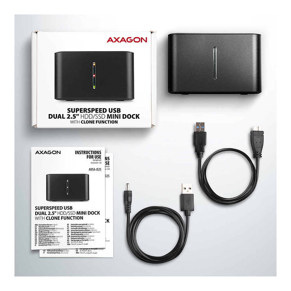 Docking Station për HDD/SSD AXAGON ADSA-D25 / 2.5" SATA / Dual Bay / USB 3.2 Gen 1 / UASP / TRIM / Disk Cloning / 300MB/s - Zezë - 9