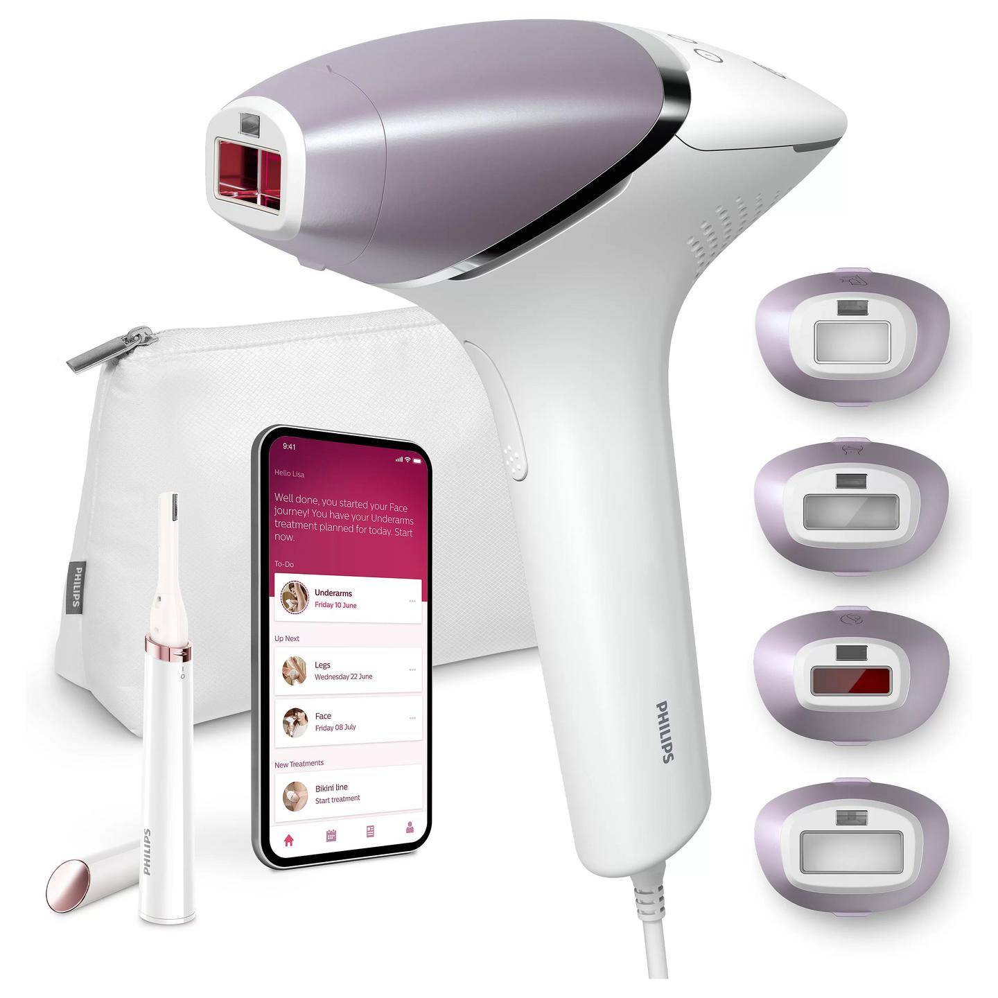 Makinë Depilimi Philips Lumea IPL Series 8000 BRI949/00, SenseIQ, 4 Koka, me Prerës HP6388 – Bardhë , Vjollcë - 2