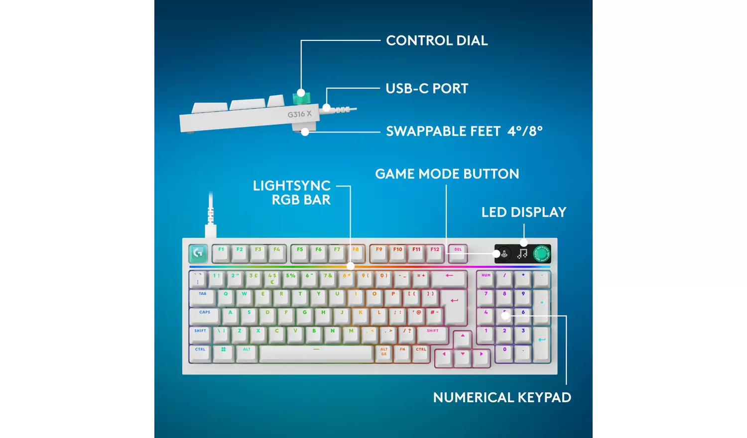 Tastierë Gaming Logitech G316 X 98 / Wired / Mekanike / 98% / Hot-Swappable / Linear & Tactile / LIGHTSYNC RGB / USB-C – Bardhë - 10