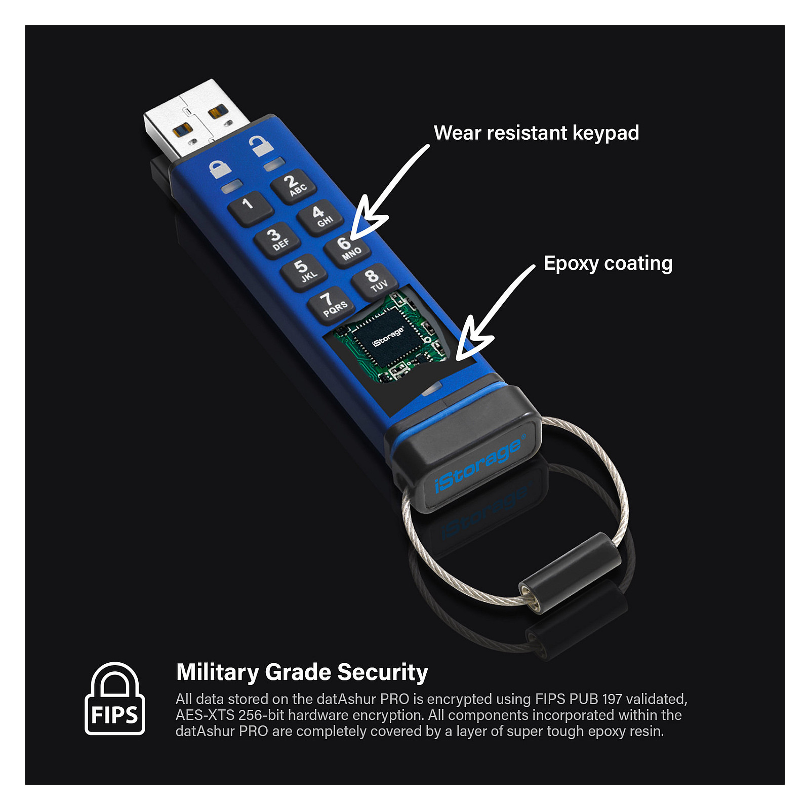 USB Flash Drive iStorage datAshur PRO / 16GB / USB 3.2 Gen1 Type-A / AES-XTS 256-bit Encryption - Blu - 2