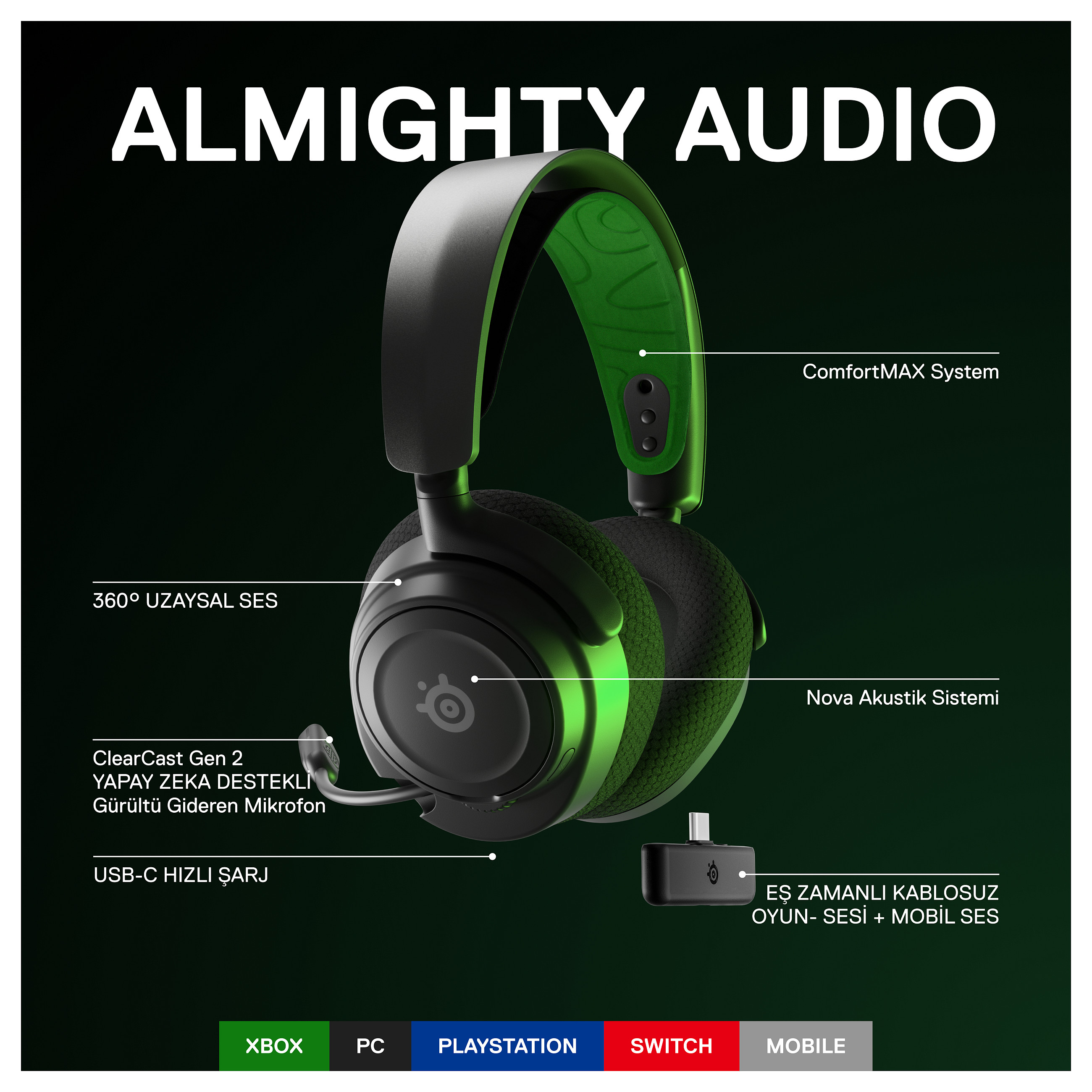 Kufje Gaming SteelSeries Arctis Nova 7X / Pa Kabllo / 2.4 GHz + Bluetooth / 20–22.000 Hz - Zezë/Gjelbër - 7