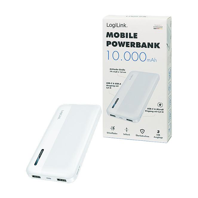 Powerbank LogiLink PA0338WRF / 10.000mAh / 12W / 2x USB-A + USB-C / Li-Po - Bardhë - 10
