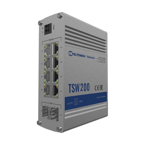 Switch Industrial Teltonika TSW200, 8x Gigabit Ethernet RJ45 PoE+, 2x SFP, PoE 240W, 20Gbps, IP30 - Hiri - 5