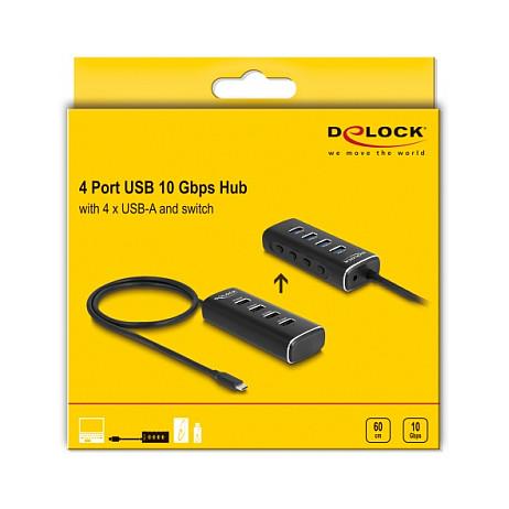 Hub USB DeLOCK 64233 / USB 10 Gbit/s / 4x USB-A / USB-C / 60 cm / Ndërprerës për Porta - Zezë - 5