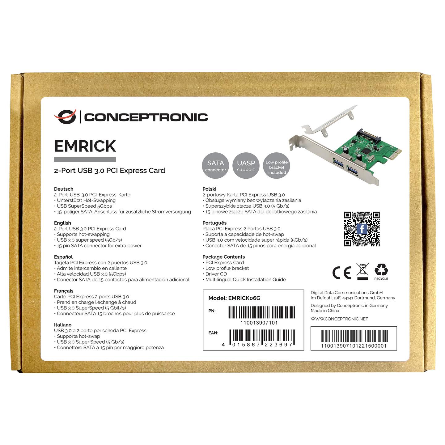Kartë Zgjerimi Conceptronic EMRICK06G, PCI Express x1, 2x USB-A 3.0, 5Gbps, SATA 15-pin, Low Profile - Gjelbër - 2