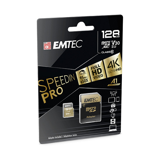 Kartë Memorie MicroSD EMTEC SpeedIN PRO / 128GB / microSDXC / UHS-I / U3 / V30 - Zezë/Ari - 2