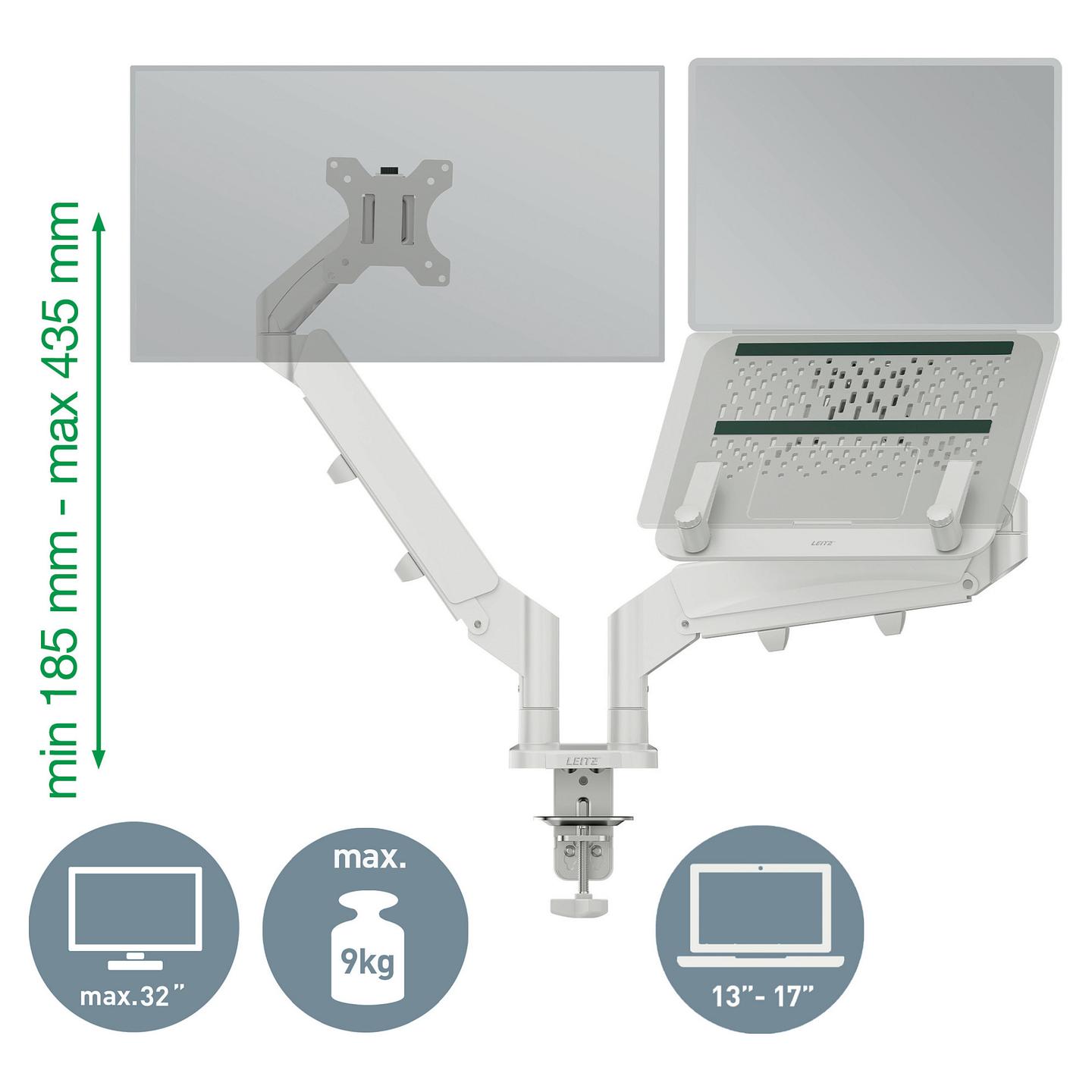 MbajtĂ«se pĂ«r Monitor LEITZ Ergo Dual & Laptop Arm, 2 MonitorĂ«, 17â32", Laptop 13â17", 9kg - Gri - 4