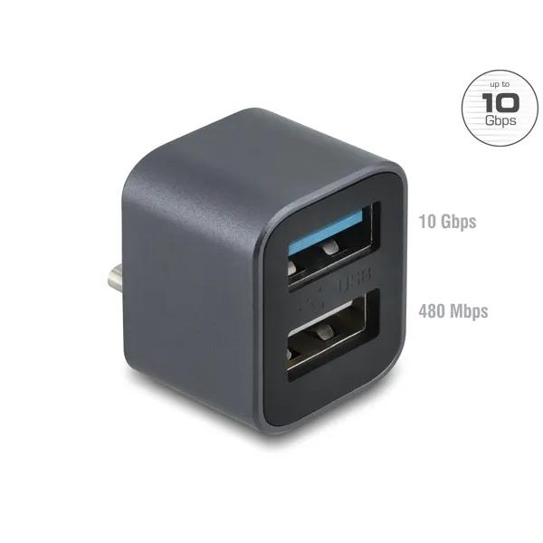 Hub USB Delock 64359 , USB-C Mashkull në 1x USB-A 10Gbps dhe 1x USB-A 2.0 , 10Gbps , Metal , 25mm - Gri - 2