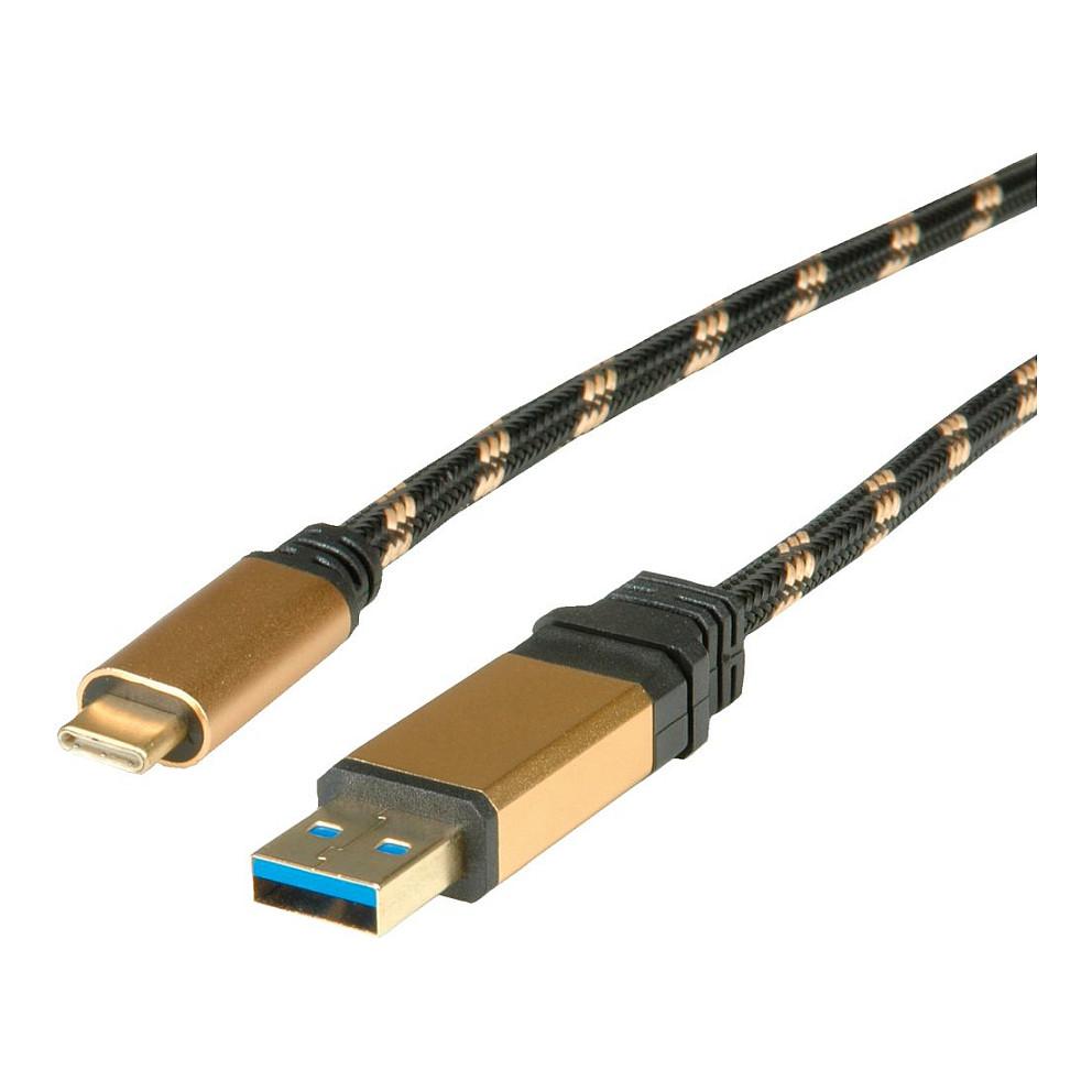 Kabllo USB ROLINE GOLD 11.02.9013 / USB 3.2 Gen 1 Type-A Mashkull në Type-C Mashkull / 1m / 5Gbps – Zezë/Ari