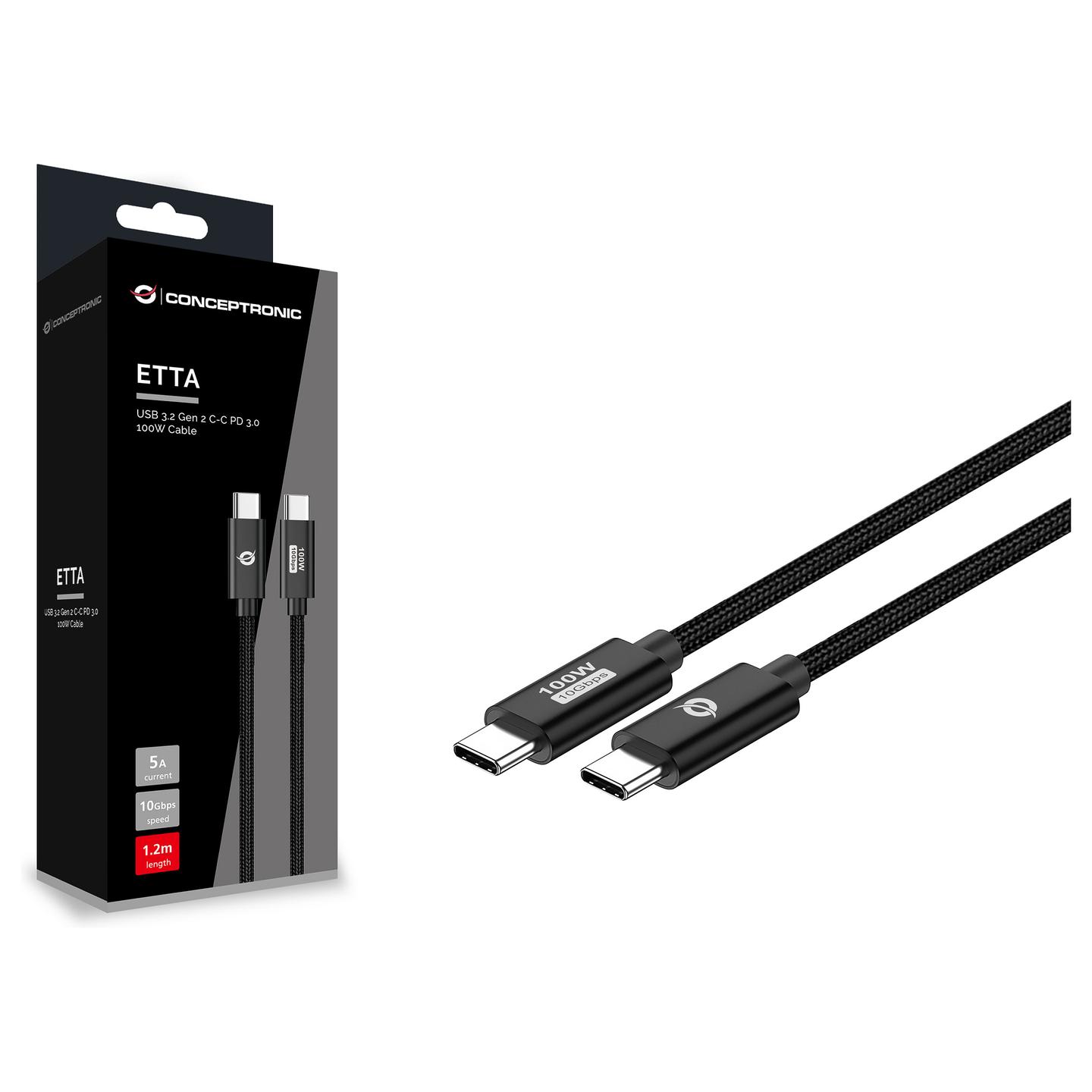 Kabllo USB Conceptronic ETTA02B12 / USB-C në USB-C / USB 3.2 Gen 2 / 20 Gbit/s / PD 3.0 100W / E-Mark / 1.2m - Zezë - 3