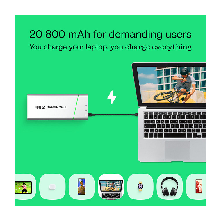 Powerbank Green Cell PowerPlay Pro / 20.800mAh / USB-C 65W PD / USB-C 18W / USB-A 18W / LED – Silver - 11