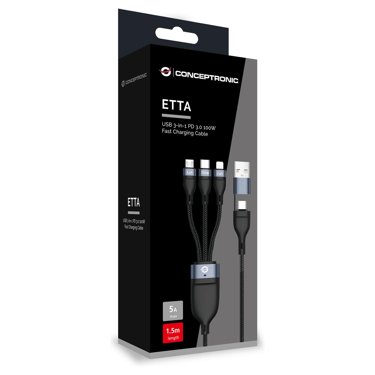 Kabllo USB Conceptronic ETTA06B15 / USB-C në USB-C + Micro-USB B + Lightning / USB 2.0 / 480 Mbit/s / PD 3.0 100W / E-Mark / 1.5m - Zezë - 3