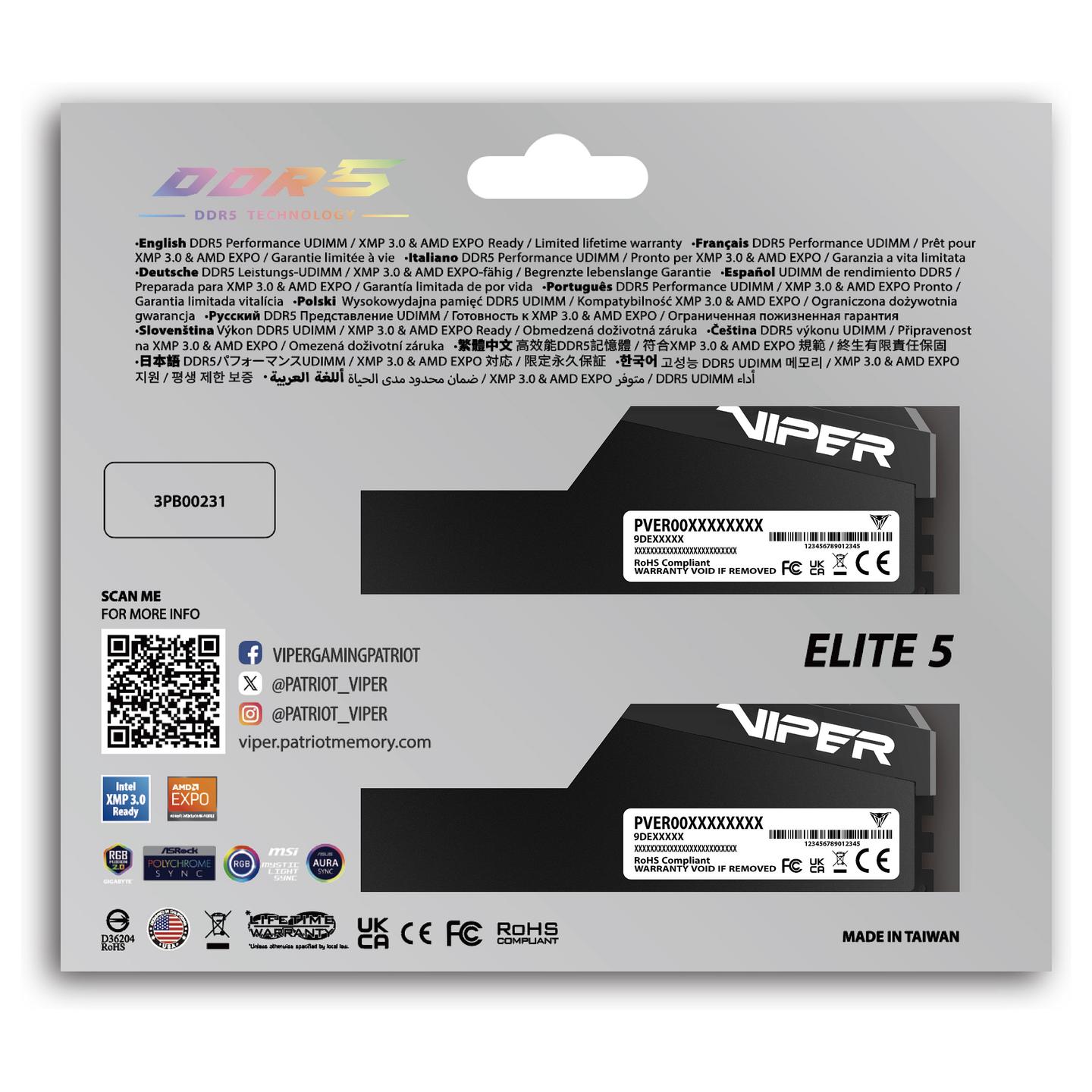 RAM Memorie DDR5 Patriot Viper Elite 5 Ultra RGB VEUR532G6028K / 32GB (2x16GB) / UDIMM / 6000MHz / CL28 / 288-pin - Zezë - 12