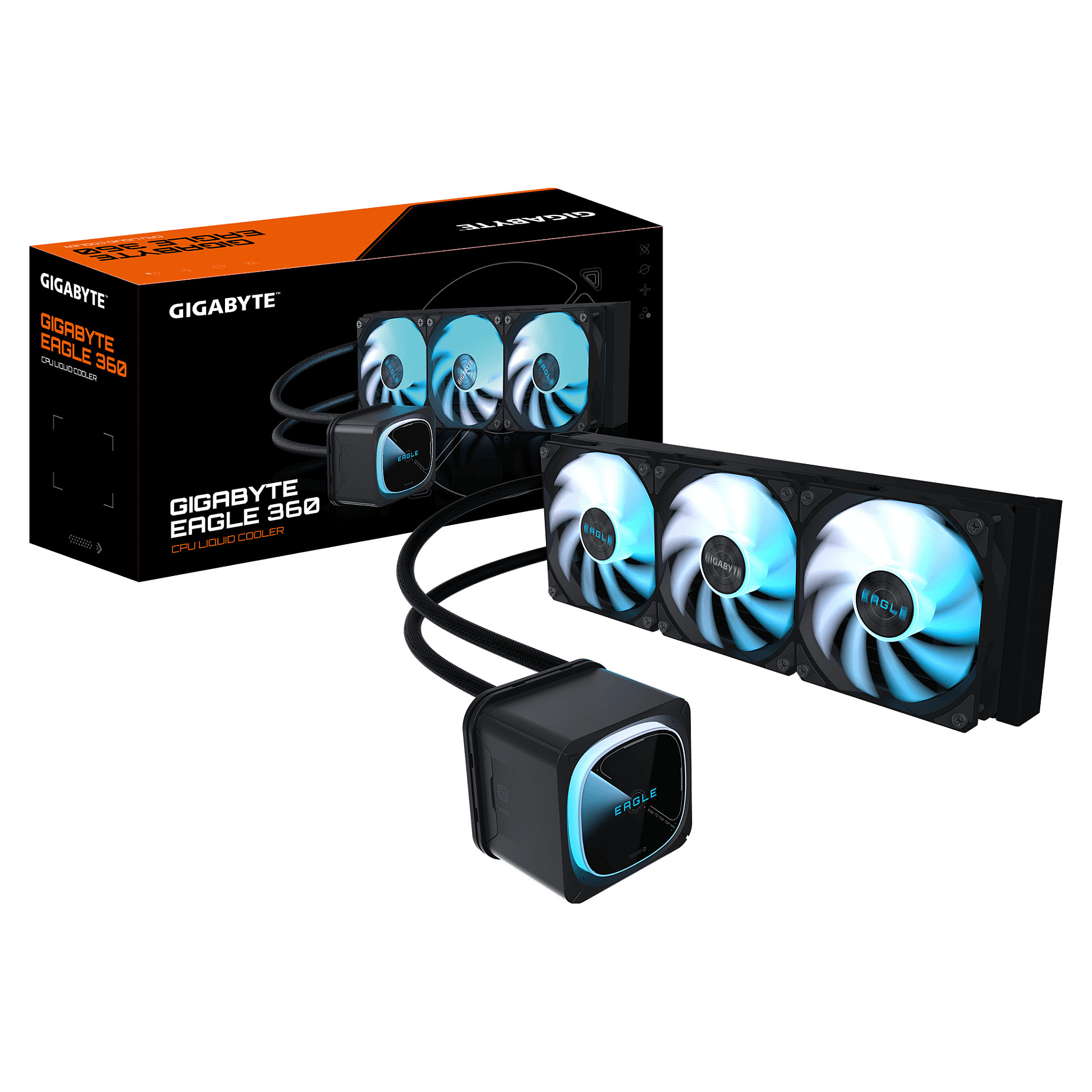 Ftohës për Procesor GIGABYTE EAGLE 360 / AIO / 360mm / 3×120mm ARGB PWM Fan / 600–2000 RPM / AM4/AM5 / LGA115x/1200/1700/1851 – Zezë