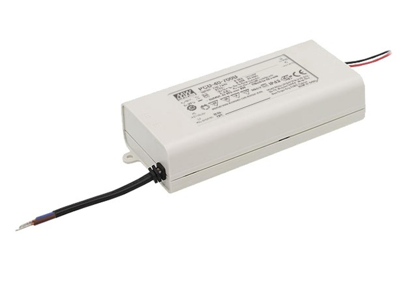 Furnizues Energjie Mean Well PCD-40-1400B, 40.6W, 1400mA, 17–29V DC, TRIAC Dimming, IP42 – Bardhë