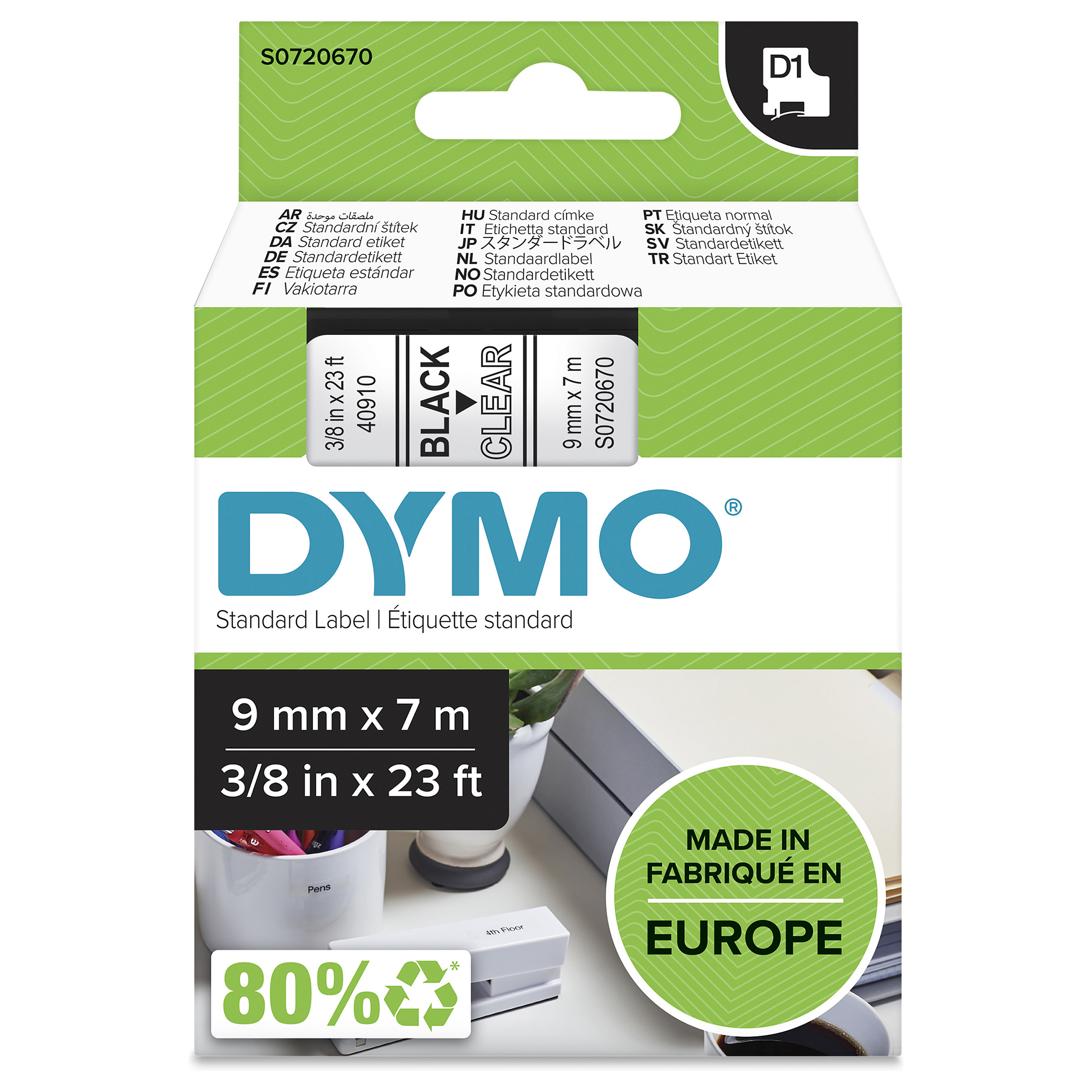 Shirit Etiketimi DYMO D1 Standard / 9 mm x 7 m / E zezë në Transparent - 2