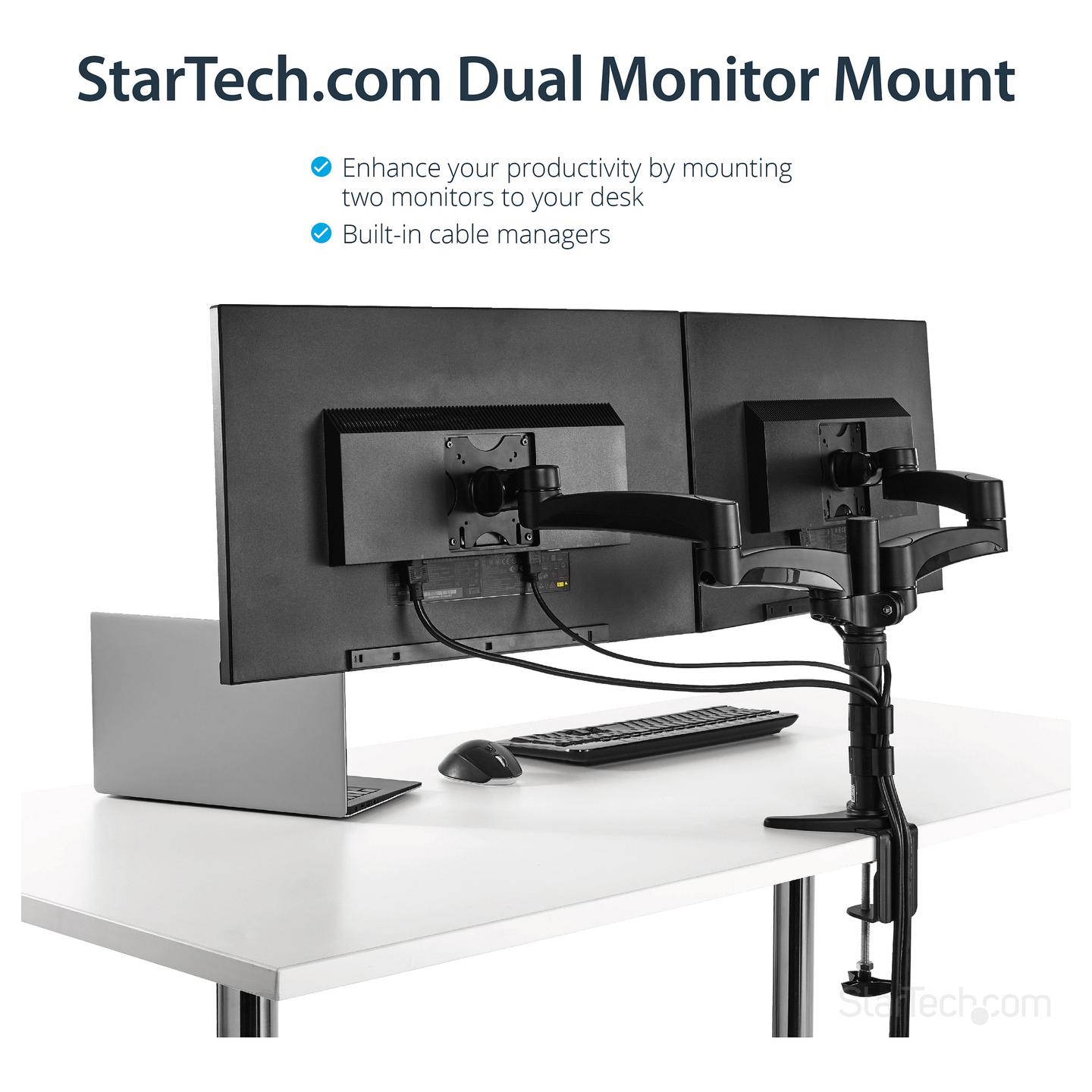 Mbajtëse për Monitor StarTech.com ARMDUAL / 2 Monitorë / 12"-24" / 13.6kg për Monitor / Full Motion / Clamp-Grommet / Tilt ±90° / Swivel ±90° - Zezë - 10