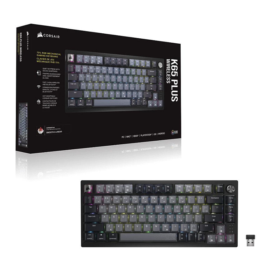 Tastierë Gaming CORSAIR K65 Plus Wireless / Mechanical / 75% / MLX Red / RGB / QWERTZ DE / 2.4GHz / Bluetooth / USB - Zezë/Hiri - 16