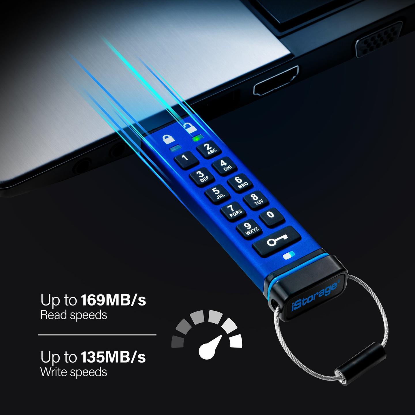 USB Flash Drive iStorage datAshur Pro / 128GB / USB Type-A / USB 3.2 Gen 1 / AES-XTS 256-bit - Blu - 5