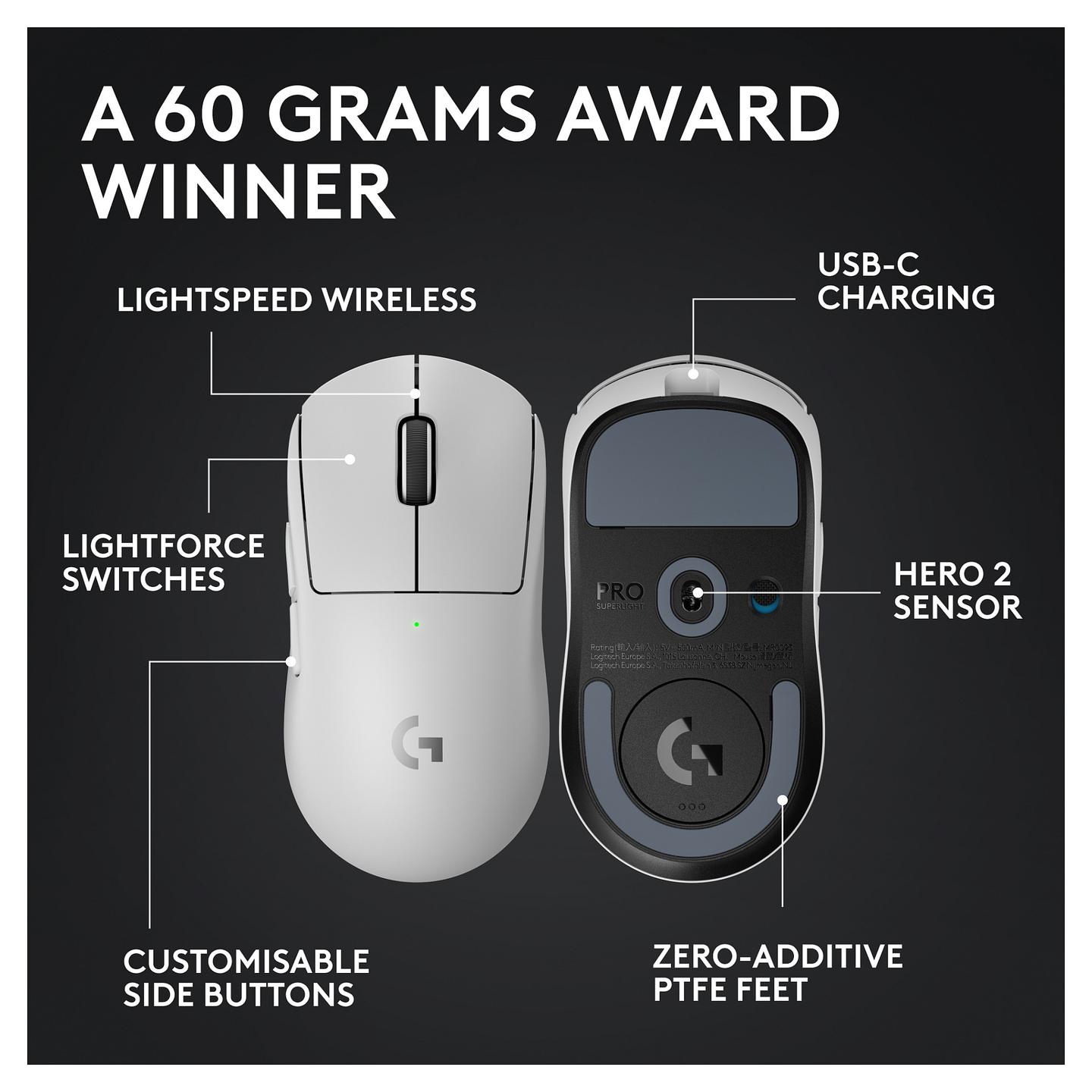 Maus Gaming Logitech G PRO X Superlight 2 LIGHTSPEED / Wireless / HERO 2 / 32,000 DPI / 5 Butona / LIGHTFORCE - Bardhë - 11