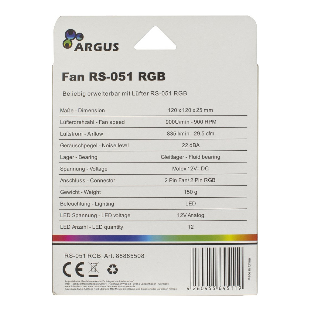 Ftohës për Kasë Inter-Tech Argus RS-051 / 120mm / 900 RPM / RGB – Zezë - 6