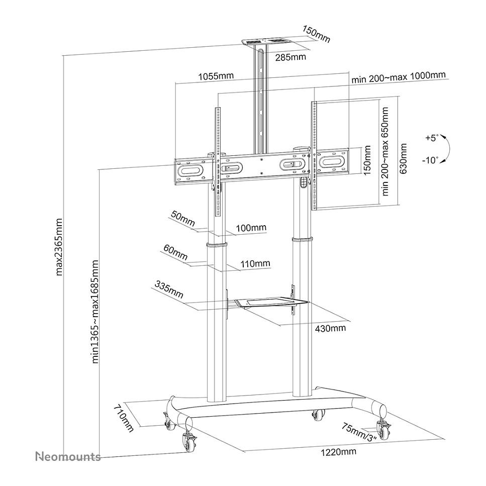 Karrocë për Monitor Neomounts PLASMA-M1950E, 60–100", deri 100kg, Rregullim Lartësie 134–166cm, Tilt 15° - Zezë - 16