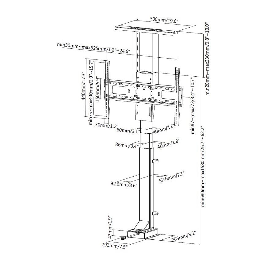 Mbajtëse për TV Equip 650606 , 37–65" , deri 50kg , për dysheme , lartësi elektrike e rregullueshme , me telekomandë , VESA 200x200–600x400 - Zezë - 10