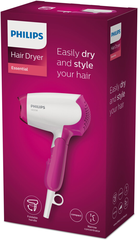 Tharëse flokësh Philips DryCare Essential BHD003/00 / 1400W / 2 Kombinime Shpejtësi-Nxehtësi / Dorezë e Palosshme / Koncentrator – Bardhë/Rozë - 2
