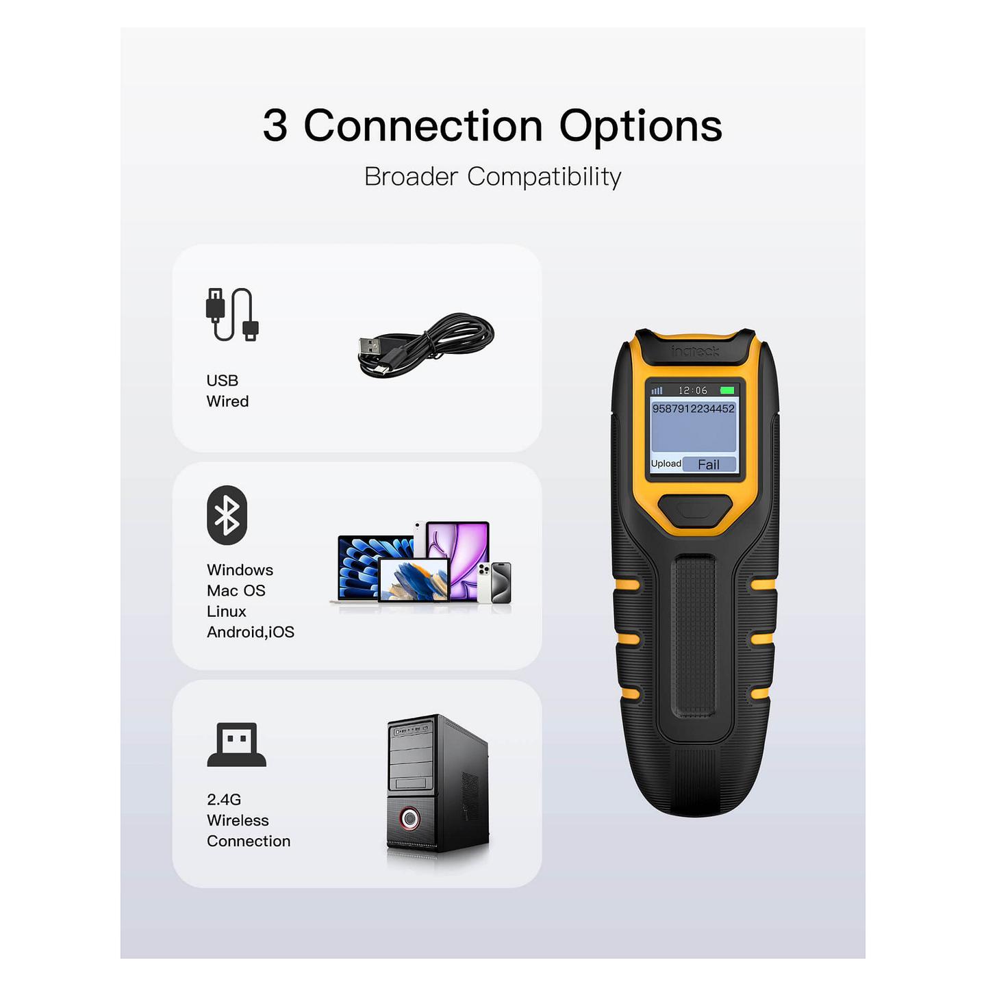 Skaner Dore Inateck BCST-47, 1D/2D, Bluetooth 5.0, 2.4GHz, USB, Ekran 1.4", 2600mAh - Zezë/Verdhë - 5
