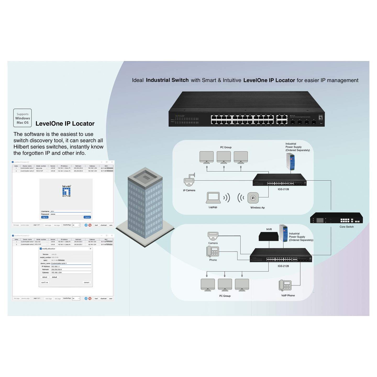 Switch Industrial LevelOne IGS-2128, 24x Gigabit Ethernet RJ45, 4x Gigabit Combo RJ45/SFP, Switching Capacity 56Gbps, Layer 2 Managed, Fanless, IP30, Rackmount 1U - Zezë - 4