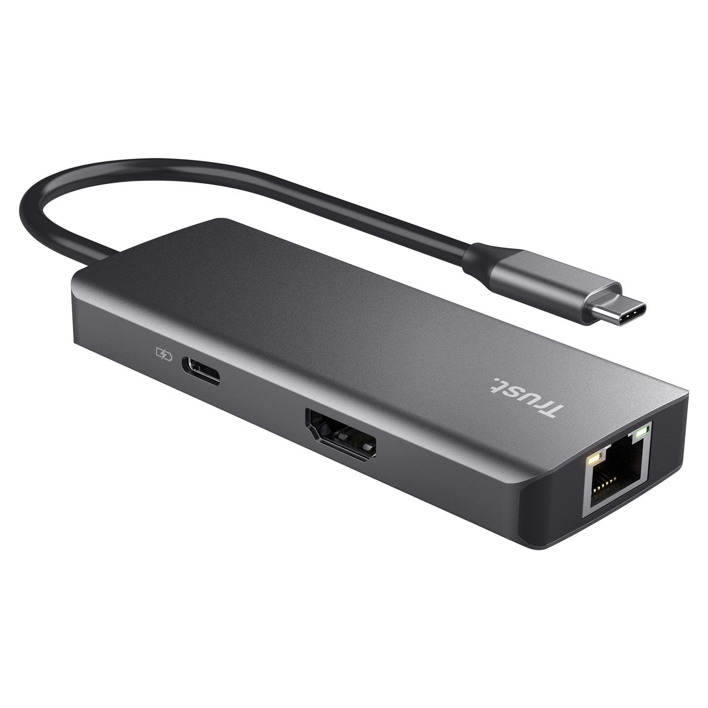 Hub USB-C Trust Dalyx 24968, 6-në-1, HDMI 4K, Gigabit Ethernet, 2x USB-C, 2x USB-A, Power Delivery 100 W - Argjendtë - 2