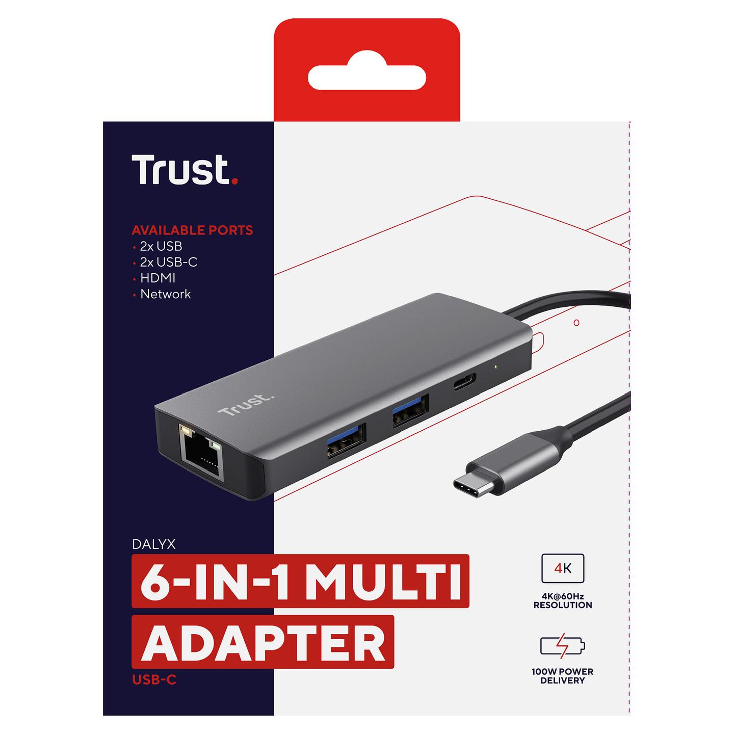 Hub USB-C Trust Dalyx 24968, 6-në-1, HDMI 4K, Gigabit Ethernet, 2x USB-C, 2x USB-A, Power Delivery 100 W - Argjendtë - 9
