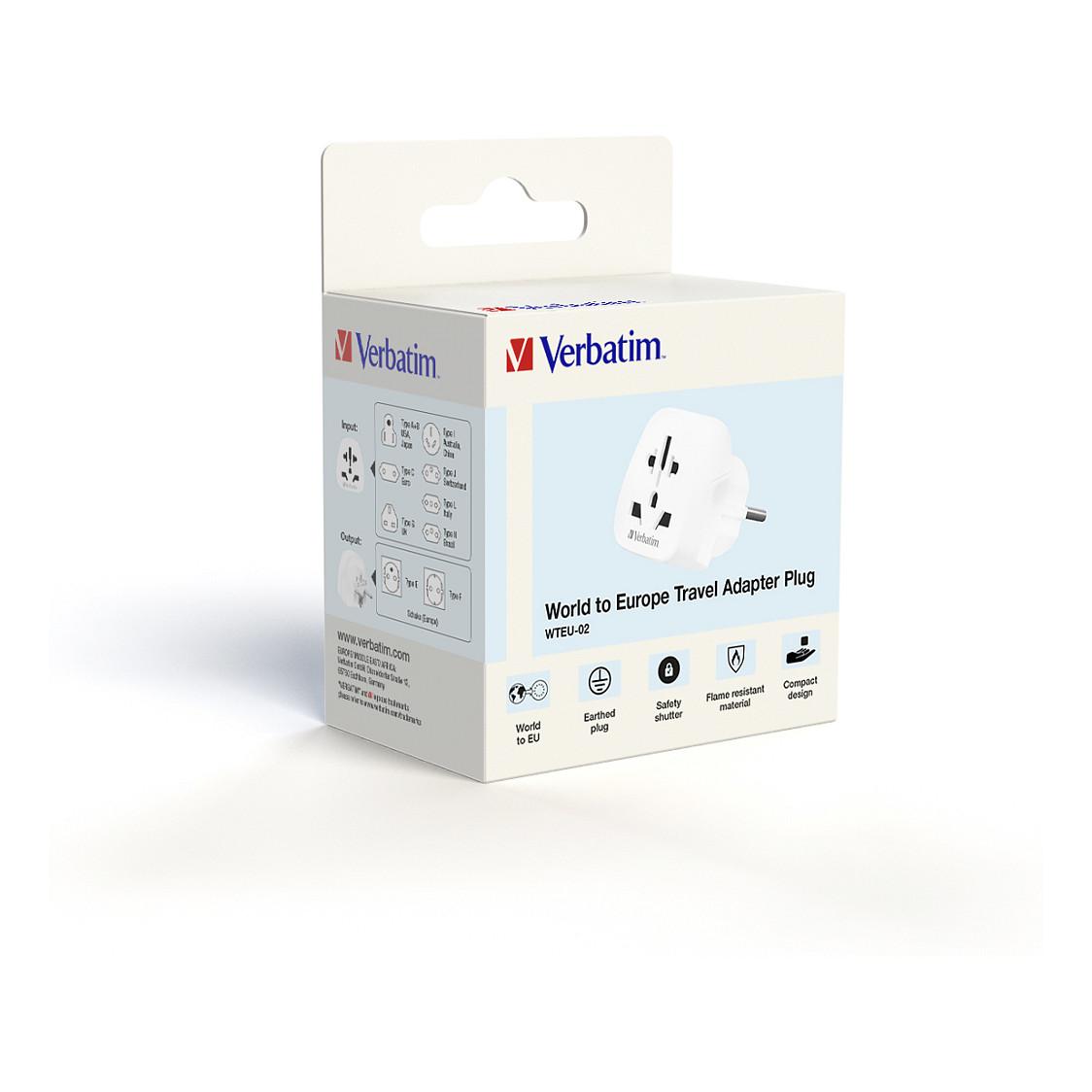 Adapter Udhëtimi Verbatim WTEU-02 / Type A/B, G, I, J, L, N në Type E/F / 10A / 2500W / 100–250V - Bardhë - 2