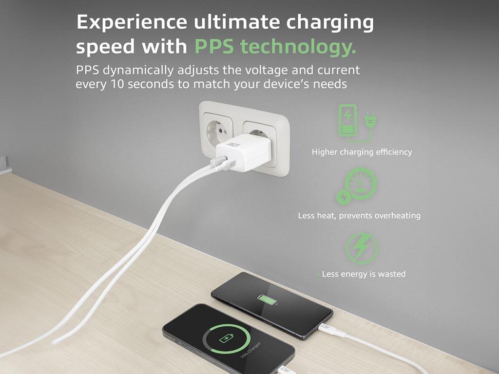 Karikues ACT AC2122, 20W, USB-C + USB-A, Power Delivery PPS, Quick Charge 3.0, GaNFast - Bardhë - 2