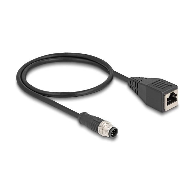 Kabllo për Rrjet DeLOCK 60621 / Cat 5e / S/FTP / M12 A-coded 8-pin Mashkull → RJ-45 Femër / 1 Gbit/s / 0.5m - Zezë