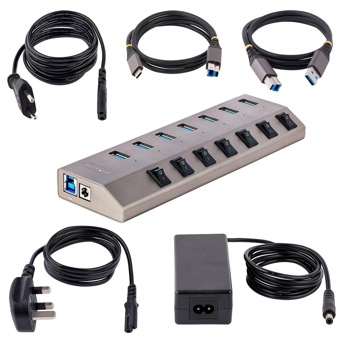 Hub USB StarTech.com 5G7AIBS-USB-HUB-EU, 7× USB-A, USB 3.2 Gen 1, 5 Gbps, Ndërprerës Individualë, Adapter 65 W – Gri - 7