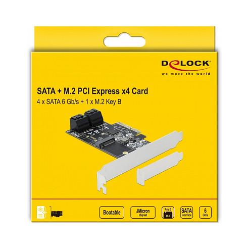 Kartë Zgjerimi PCI Express Delock 90396 / PCIe 3.0 x4 / 4x SATA 6Gbps + 1x M.2 Key B / JMicron JMB585 / Low Profile - 5