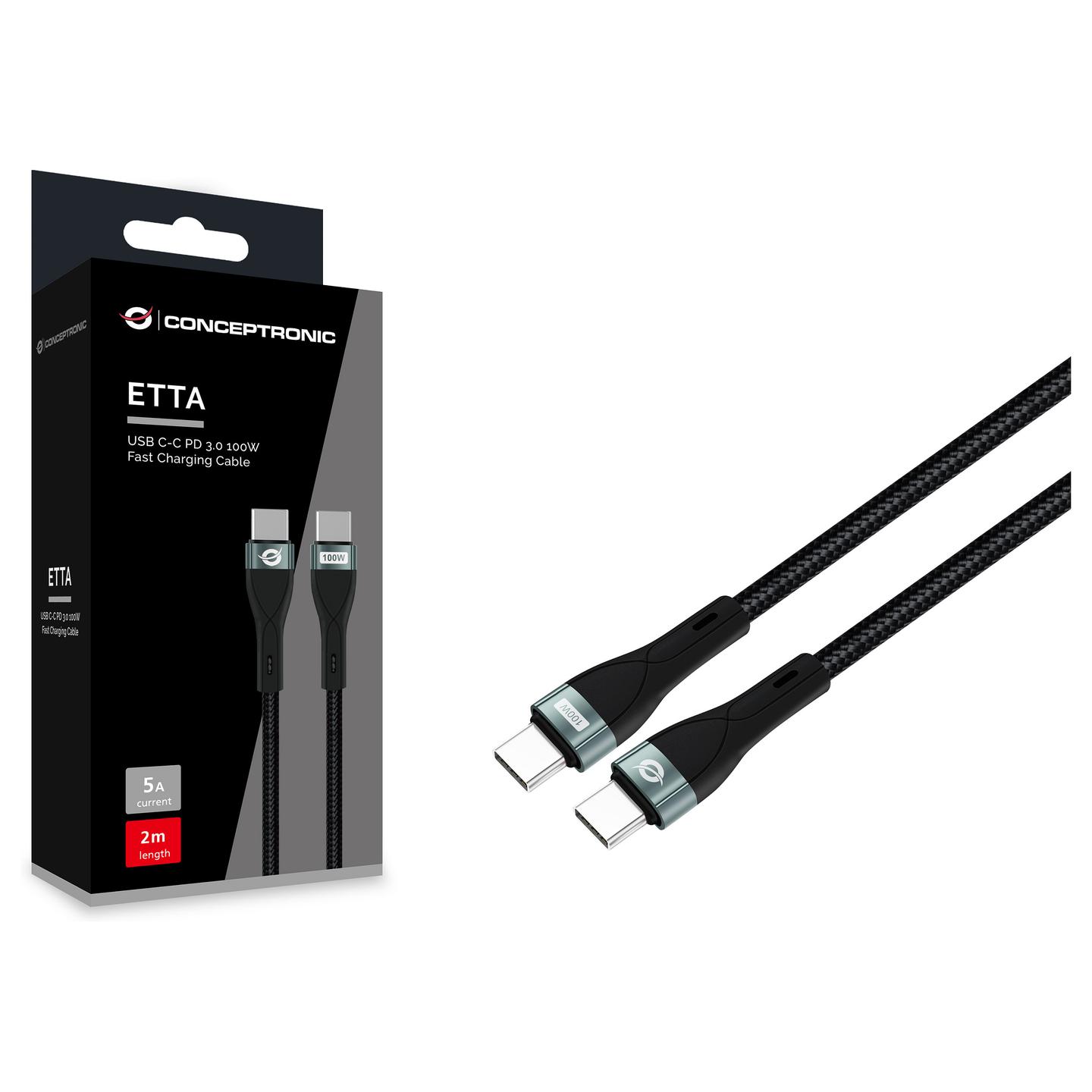 Kabllo USB Conceptronic ETTA01B20 / USB-C në USB-C / USB 2.0 / 100W / 2m - Zezë - 3