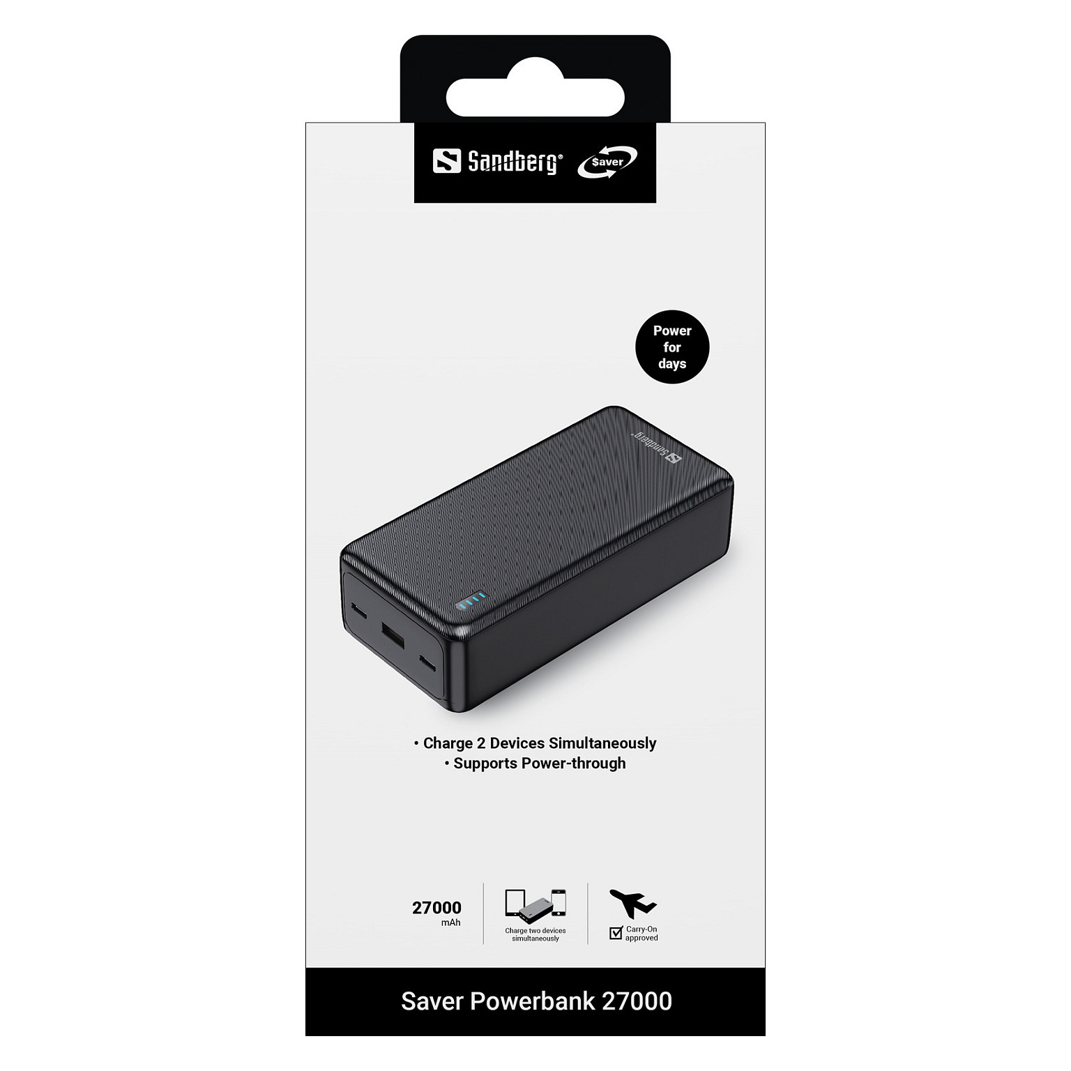 Powerbank Sandberg Saver / 27.000mAh / USB-C 20W PD / USB-A 22.5W / LED – Zezë - 2