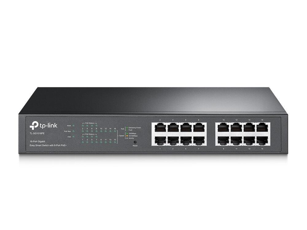 TP-Link TL-SG1016PE 16-Port Gigabit Easy Smart PoE+ Switch – 16× 10/100/1000Mbps RJ45, 8× PoE+ deri 30W, 150W PoE Budget, VLAN, QoS, IGMP Snooping, Rackmount 1U – E Zezë