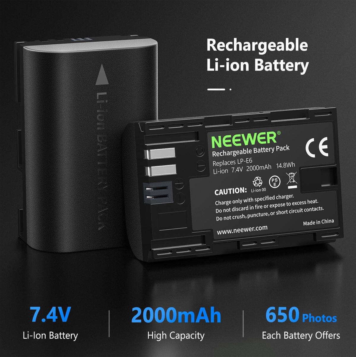 Set Bateri për Kamerë Neewer LP-E6, 2x 2000mAh, Karikues USB me 2 Slote - Zezë - 2